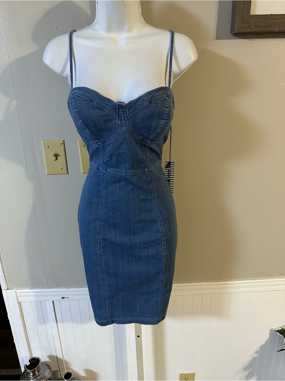 Haute Monde Blue Denim Bodycon Spaghetti Strap Mini Dress